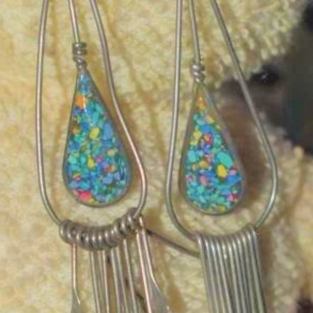 Speckled Colorful Stone Turquoise Dangle Hooks Earrings Long 3.5" Southwestern - Picture 2 of 2